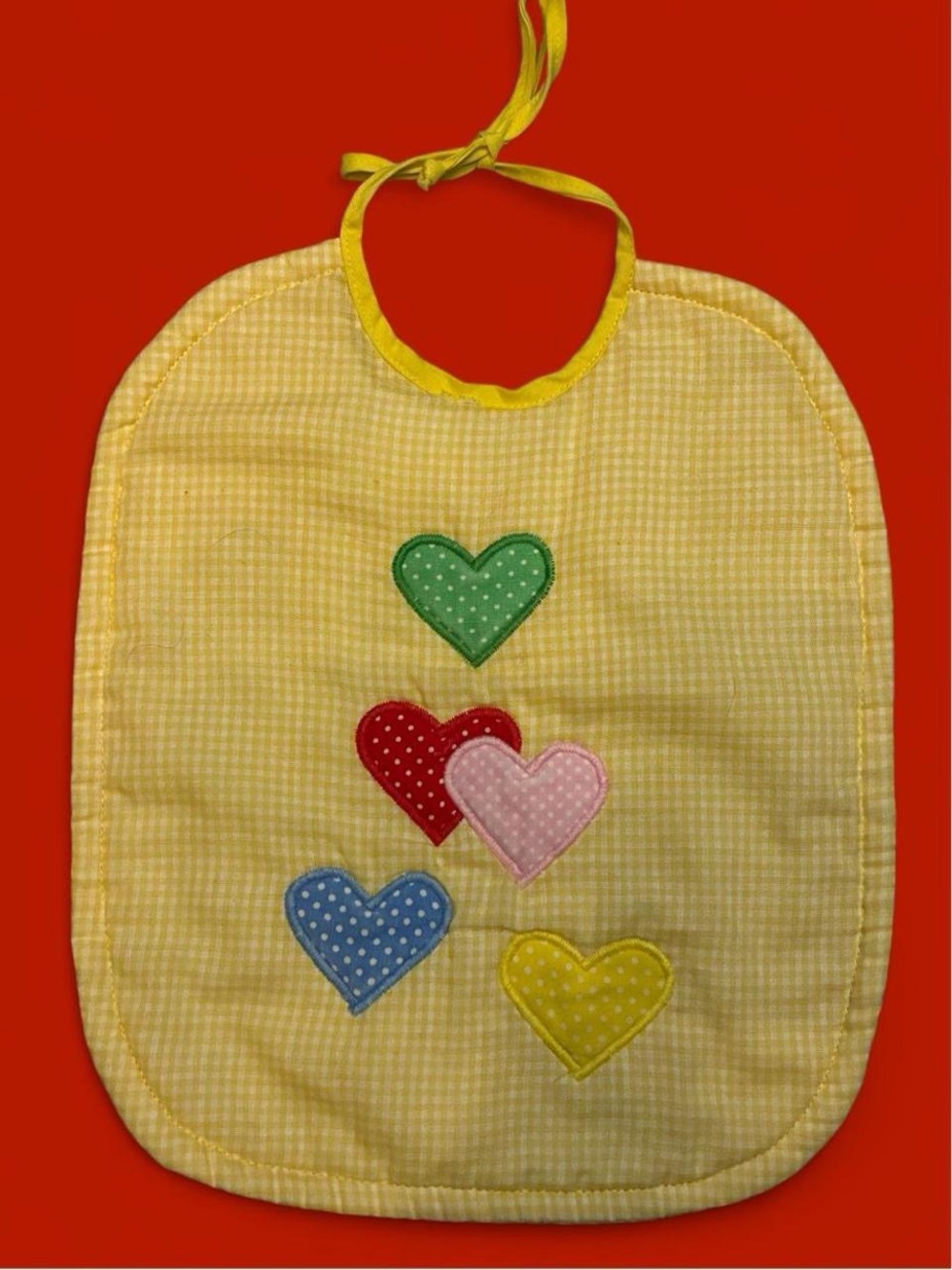 Vintage Yellow Baby Bib with Colorful Polka Dot Hearts